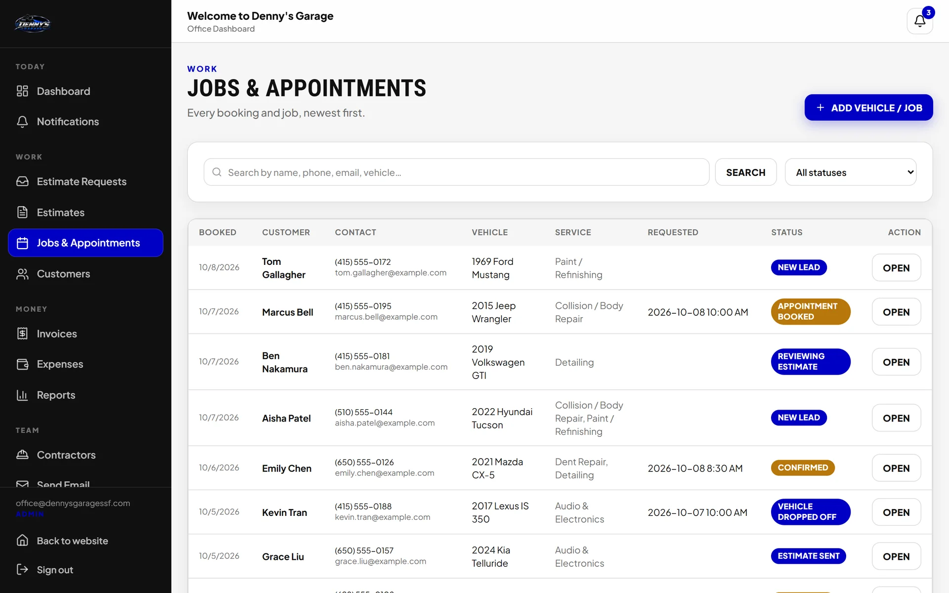 Jobs and appointments list with customers, vehicles, services and status badges