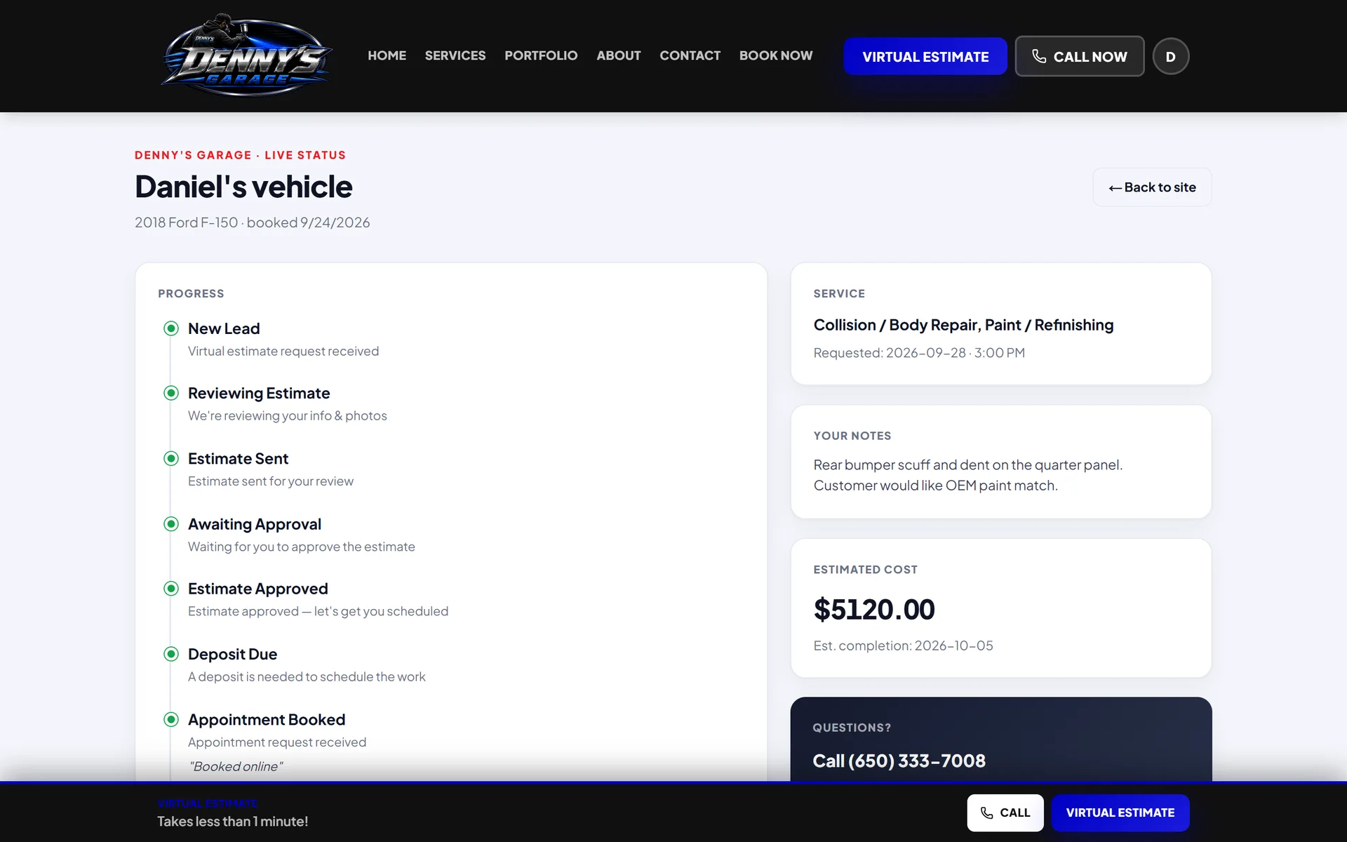 Live repair status page with progress steps, service details and estimated cost